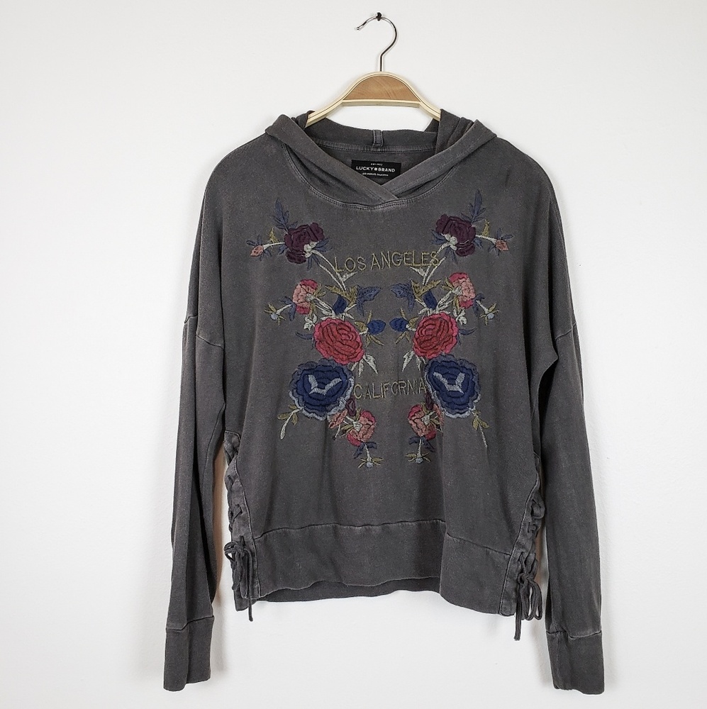 Lucky Brand Gray LA Floral Embroidered hoodie